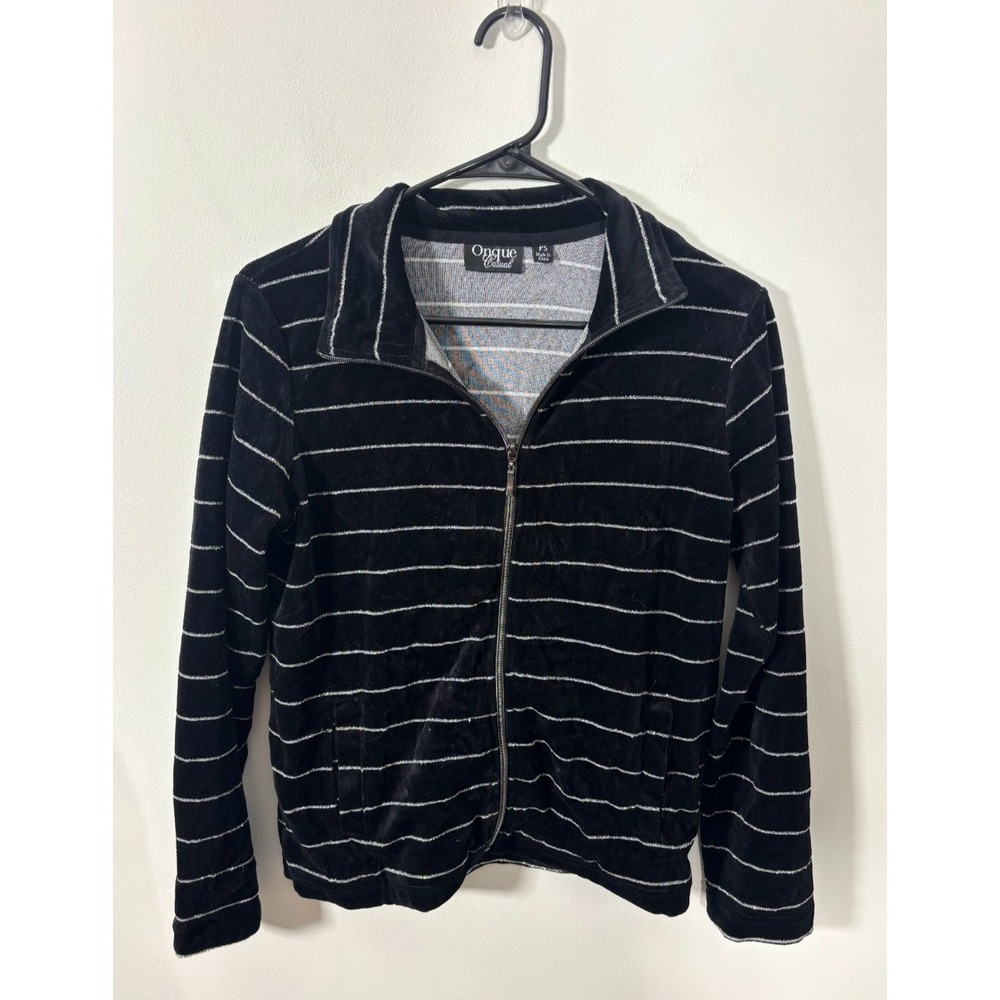 Onque Casual Black Velour Full Zip Jacket Metallic Stripe Women's Size Petite S